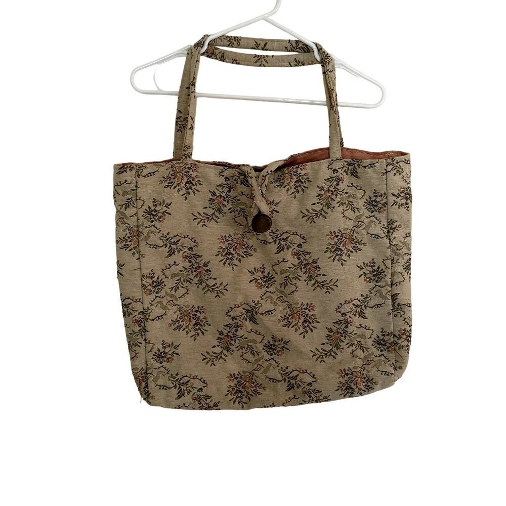 Vintage carpet bag style floral pink cream green shoulder bag spacious pocket